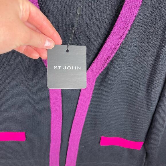 NWT St. John Black Pink Open & Snap Front Wool Blend Knit Sweater Size Small - Picture 2 of 11
